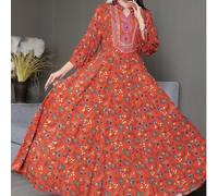 Abito lungo ampio da donna, stile bohémien, ricamato, artistico, retrò, adatto per vacanze e turismo, adatto per il Medio Oriente e il mondo arabo, casual L,M,S,XLPiante,stampa dappertuttoTessuto intr
