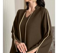 Abito lungo arabo dalla vestibilità ampia, con scollo a V, design con bordo, maniche lunghe, taglio lungo laterale, abiti arabi eleganti e modesti di tipo A-Line, adatti per uso casual quotidiano/dome