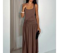Abito lungo asimmetrico con arricciature, senza maniche e spalle scoperte, colore marrone. Adatto per compleanni, appuntamenti, matrimoni, concerti, rientro a scuola, primi giorni d'autunno. L,M,S,XSC