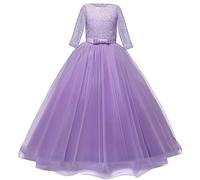 Abito lungo bambina primavera/tinta unita manica media girocollo maglia ricamata abito con papillon festa compleanno rendimento lettura calendario dell'Avvento bambini, Lilla, 11-12 Jahre