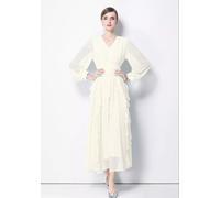 Abito Lungo Beige Bon Ton Con Maniche Ampie E Dettagli A Balze CF58102