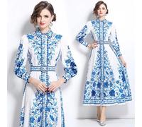 Abito Lungo Bianco Con Stampa Blu E Bottoni Eleganti Stile Vintage Chic CF47976