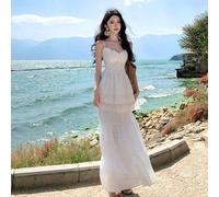 Abito Lungo Bianco Romantico Con Balze E Spalline Sottile Chic CF46148