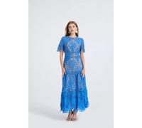 Abito Lungo Blu Elegante In Pizzo Ricamato Vita Alta Festa Cerimonia CF53337