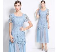 Abito Lungo Blu In Pizzo Con Colletto Quadrato E Maniche Corte Eleganti CF48807