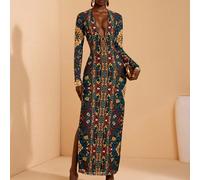 Abito lungo boho da donna con stampa all-over, scollo a V profondo, tagli laterali e maniche lunghe, adatto per vacanze e tempo libero SHEIN X JIAN LASALA SHEIN X potenzia la creatività fornendo a sti