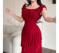 Abito lungo casual con balze per donne, abiti da laurea, abiti casual da compleanno per donne, abiti estivi corti ed eleganti per donne, abiti rossi L,M,S,XL,XS,XXL,XXS,XXXL,XXXXLColore unicoTessuto i
