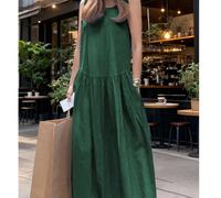 Abito lungo casual con scollo rotondo, senza maniche, ampio, tinta unita, adatto per la primavera e l'estate. Cardigan a maniche lunghe, giacca colorblock alla moda, outfit per il ritorno a scuola, ca