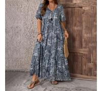 Abito lungo casual e ampio con scollo a V e stampa floreale, in stile country casual da vacanza, semplice e alla moda per uso quotidiano, magliette estive da donna, completi estivi da donna 0XL,1XL,2X