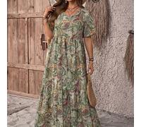 Abito lungo casual e ampio con scollo a V e stampa floreale, stile country casual da vacanza, semplice e alla moda per uso quotidiano, top estivi da donna, outfit estivi da donna 0XL,1XL,2XL,3XL,4XL,5