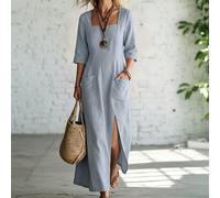 Abito lungo casual in lino blu con scollo quadrato, maniche 3/4, tasche e spacco sull'orlo, nuova moda per donne taglie forti, autunnale 0XL,1XL,2XL,3XL,4XLColore unicoTessuto intrecciato