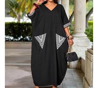 Abito lungo casual nero taglie forti da donna, ampio, con maniche a pipistrello e scollo a V, decorato con fiocco sulla schiena, tasche e polsini con design a righe, adatto per il pendolarismo quotidi