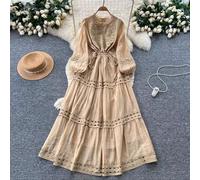 Abito Lungo Con Balze E Pizzo Stile Romantico Khaki Chiaro CF67814