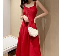 Abito lungo con bretelle da donna con elasticità moderata, adatto per l'uso quotidiano, club, vacanze e vacanze in tutte e quattro le stagioni, tra cui primavera ed estate (XXL rosso)