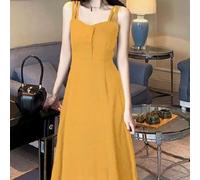 Abito lungo con bretelle moderata elasticità con uno stile fatato per le donne, progettato per essere indossato in primavera, estate, autunno e inverno per più occasioni (S giallo)