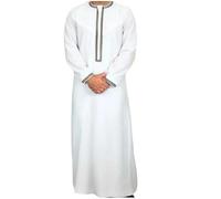 Abito lungo con cappuccio da uomo musulmano a righe abbigliamento islamico Dubai Caftano Marocco Ramadan Preghiera Wear, Bianco 2, L