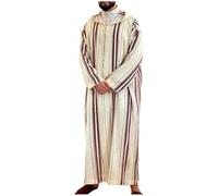 Abito lungo con cappuccio da uomo musulmano a righe abbigliamento islamico Dubai Caftano Marocco Ramadan Preghiera Wear, Beige, L