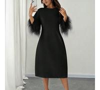 Abito lungo con maniche a campana in elegante stile dritto, dettagli morbidi, per taglie comode 0XL,1XL,2XL,3XL,4XL,5XLBlocchi di colore,Colore unicoTessuto intrecciato