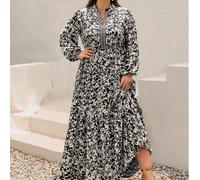 Abito lungo con maniche a campana, stile vacanziero, taglie comode, con stampe, toppe di nastri e linea ad A 0XL,1XL,2XL,3XL,4XLTessuto intrecciato