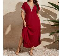 Abito lungo con maniche corte in pizzo per donne taglie forti, adatto per Capodanno e outfit estivi 0XL,1XL,2XL,3XL,4XLBlocchi di coloreTessuto in maglia