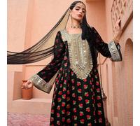 Abito lungo con maniche lunghe, scollo a barca, stampa romantica elegante, stile ampio, adatto per primavera/autunno L,M,S,XLFrutta & verduraTessuto intrecciato