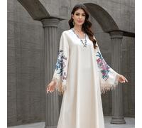 Abito lungo con maniche lunghe, scollo a V, stampa con strass e nappe, jalabiya araba elegante, abito lungo modesto per la primavera e le vacanze L,M,S,XL,XXLFloreale,Tribale,PianteTessuto intrecciato