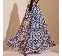 Abito lungo con mantella in maglia trasparente stampata all-over, scollo tondo, oversize, per donna, adatto per estate, autunno, inverno e occasioni serali, abito di lusso con mantella, abito lungo, a