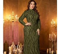 Abito lungo con paillettes e collo alto, adatto a diverse silhouette, vestito elegante e di lusso a sirena con maniche lunghe e girocollo, design unico, colore unito, adatto per feste, lauree, matrimo