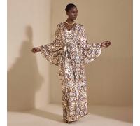 Abito lungo con scollo a V, maniche a pipistrello, con cintura, stampa all-over, stile boho, per vacanze estive e autunnali, collezione di abbigliamento di lusso e di stile SHEIN X JIAN LASALA SHEIN X