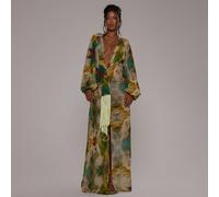 Abito lungo con scollo a V profondo, vestibilità morbida, dettagli con nappe, stampa all-over, maniche lunghe, adatto per primavera/estate, vacanze, matrimoni eleganti, ospiti, spiaggia, Ibiza, matrim