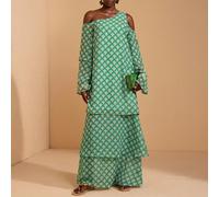 Abito lungo con scollo asimmetrico, maniche a sbuffo e stampa all-over in chiffon SHEIN X JIAN LASALA SHEIN X potenzia la creatività fornendo a stilisti, artisti e marchi un accesso senza precedenti a