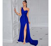 Abito lungo con scollo asimmetrico, vita arricciata, nodo anteriore, spacco e schiena scoperta, adatto per gala e feste, abito da festa, da invitato a matrimoni, da cerimonia, abito da sera L,M,S,XSCo