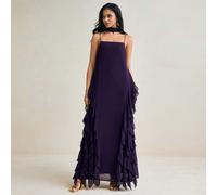 Abito lungo con spalline sottili in chiffon con rouches laterali viola scuro, abito da spiaggia boho elegante, abito da damigella d'onore o da sera per donne, vestito formale da donna per feste e ceri
