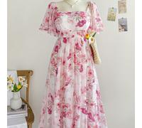 Abito lungo con stampa floreale rosa vintage, maniche a volant, vita elastica, per taglie comode. Abito casual estivo adatto per il ritorno a scuola, pranzi, addio al nubilato 0XL,1XL,2XL,3XL,4XL,5XLS