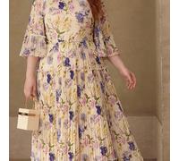 Abito lungo con stampa floreale su tutto il capo, con maniche a mezza manica e pieghe, per donna taglia grande, primavera/estate 0XL,1XL,2XL,3XL,4XL,5XLPiante,Stampa CasualeChiffon