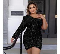 Abito lungo con una spalla, manica lunga, con paillettes, di taglia comoda, alla moda per l'estate 1XL,2XL,3XLPaillettes