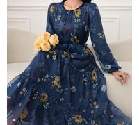 Abito lungo con vita arricciata e stampa floreale in chiffon, elegante per la primavera/estate L,M,S,XLFloreale,Piante,stampa dappertuttoTessuto intrecciato