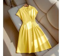 Abito lungo con vita svasata da donna taglie forti, abito giallo a maniche corte, abito casual elegante da donna, abbigliamento elegante, outfit eleganti, abito casual elegante da donna, abiti elegant