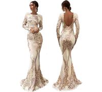 Abito Lungo da Cocktail da Sera A Sirena Abito da Festa Formale Lungo da Donna Abito da Ballo Manica Lunga Elegante Maxi Abito con Paillettes, White, L(Chest:90cm/35inch)
