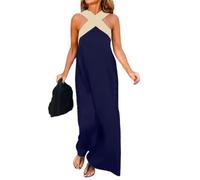 Abito Lungo da Donna a Blocchi di Colore con Scollo all'Americana, Senza Maniche, Ideale per la Spiaggia, Il Ballo di fine Anno o Come Abito da invitata, Blu Navy con Dettagli Albicocca, Taglia 3XL.