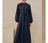 Abito lungo da donna a linea A, con colletto obliquo, cerniera laterale, maniche lunghe, coulisse in vita, colore blu navy spazzolato L,M,S,XLColore unicoTessuto intrecciato