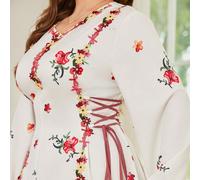 Abito lungo da donna a scollo a V, manica lunga, con tessitura, ricamo floreale, lacci in vita, stile fluido e maxi, elegante per vacanza in campagna e uso quotidiano, taglia grande, design arabo, mod