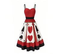 Abito lungo da donna a trapezio plissettato rosso e nero con stampa a cuore rosso e Club Poker, spalline sottili, vita stretta L,M,S,XLBlocchi di colore,Geometrico,CuoreTessuto