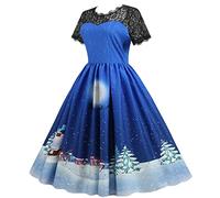 Abito lungo da donna alla moda gonne di Natale a maniche corte abito in pizzo elegante al ginocchio abito casalinga Evening Party abito da ballo lungo stretto, Blu, XL