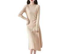 Abito lungo da donna autunno e inverno casual comodo girocollo lana gonna lavorata a maglia, Beige, L