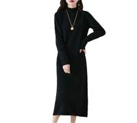 Abito lungo da donna autunno e inverno stile coreano collo alto lana gonna lavorata a maglia, Nero , L