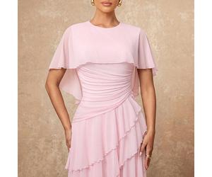 Abito lungo da donna autunno inverno in morbida rete fluida multistrato con volant asimmetrici e vita stretta, elegante e raffinato, da indossare dall'alba al gala, per far risplendere la tua bellezza