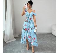Abito lungo da donna azzurro chiaro con stampa floreale, stile boho estivo retrò da vacanza e tea festa, stile palazzo, per spiaggia e vacanze, con colletto obliquo, volant e orlo asimmetrico L,M,S,XL