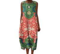 Abito lungo da donna Boho Chic in lino con scollo a V e San Manice, abito maxi stampato floreale vintage per spiaggia e vacanza, taglio ampio e fluido, grande e elegante, verde, XXXXXL
