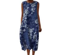 Abito lungo da donna Boho Chic in lino con scollo a V e San Manice, abito maxi stampato floreale vintage per spiaggia e vacanza, taglio ampio e fluido, grande e elegante, blu scuro, XXXXXL